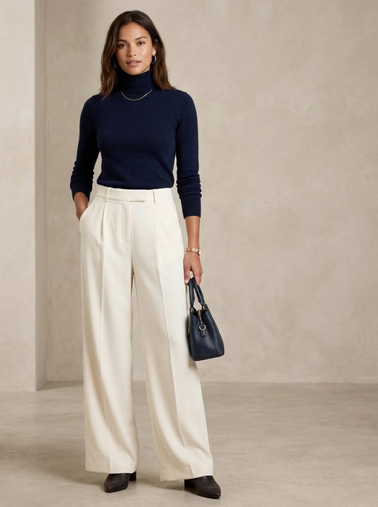 A-high-quality-photo-of-a-person-wearing-wide-leg-cream-trousers-and-a-fitted-navy-turtleneck,-showcasing-a-balanced-Rule-of-Thirds